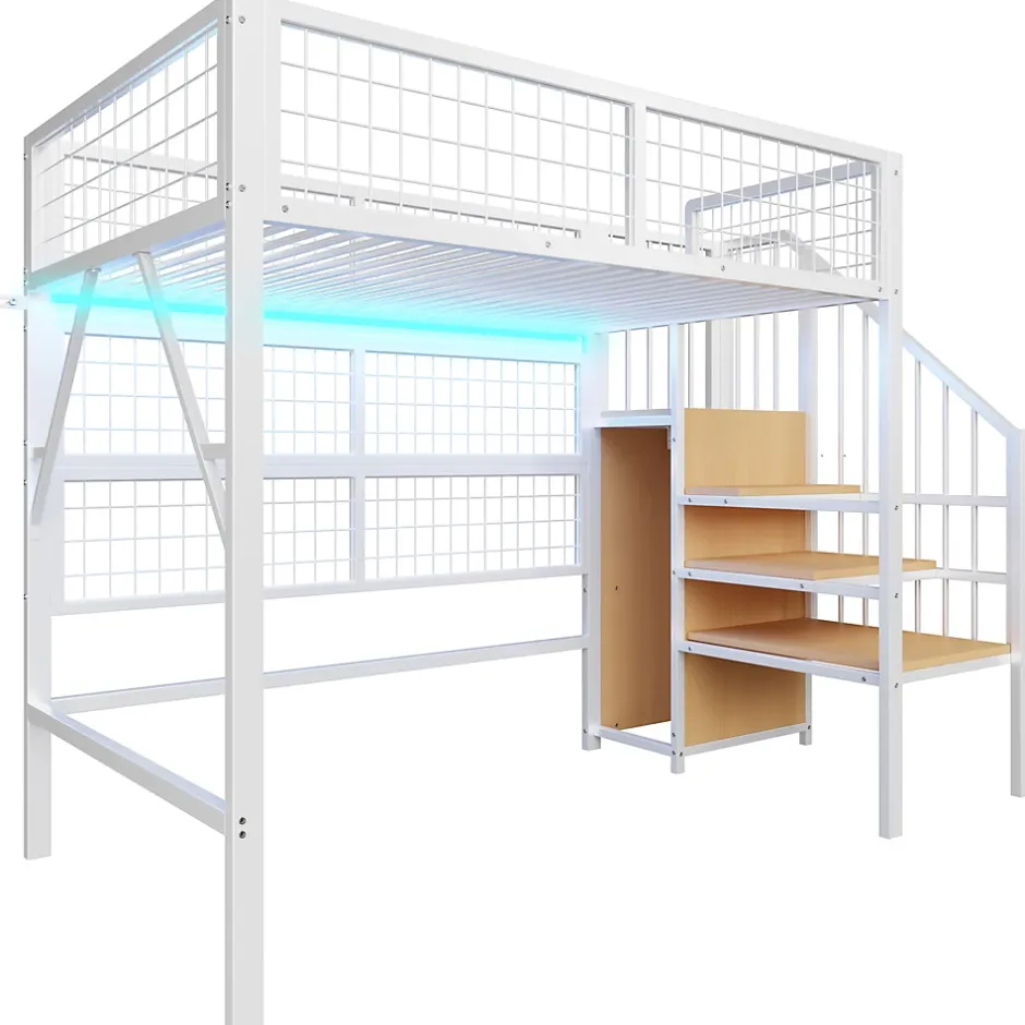 Okwish Lit mezzanine 90x200 cm - Lit simple déco avec éclairage LED et rangement sous lit - Armoire ouverte en MDF et métal - Blanc Clearance