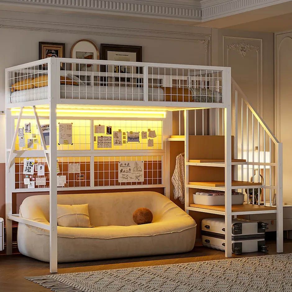 Okwish Lit mezzanine 90x200 cm - Lit simple déco avec éclairage LED et rangement sous lit - Armoire ouverte en MDF et métal - Blanc Clearance