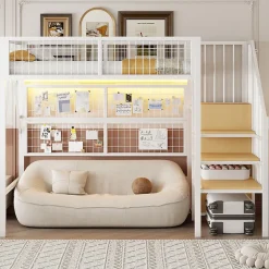 Okwish Lit mezzanine 90x200 cm - Lit simple déco avec éclairage LED et rangement sous lit - Armoire ouverte en MDF et métal - Blanc Clearance