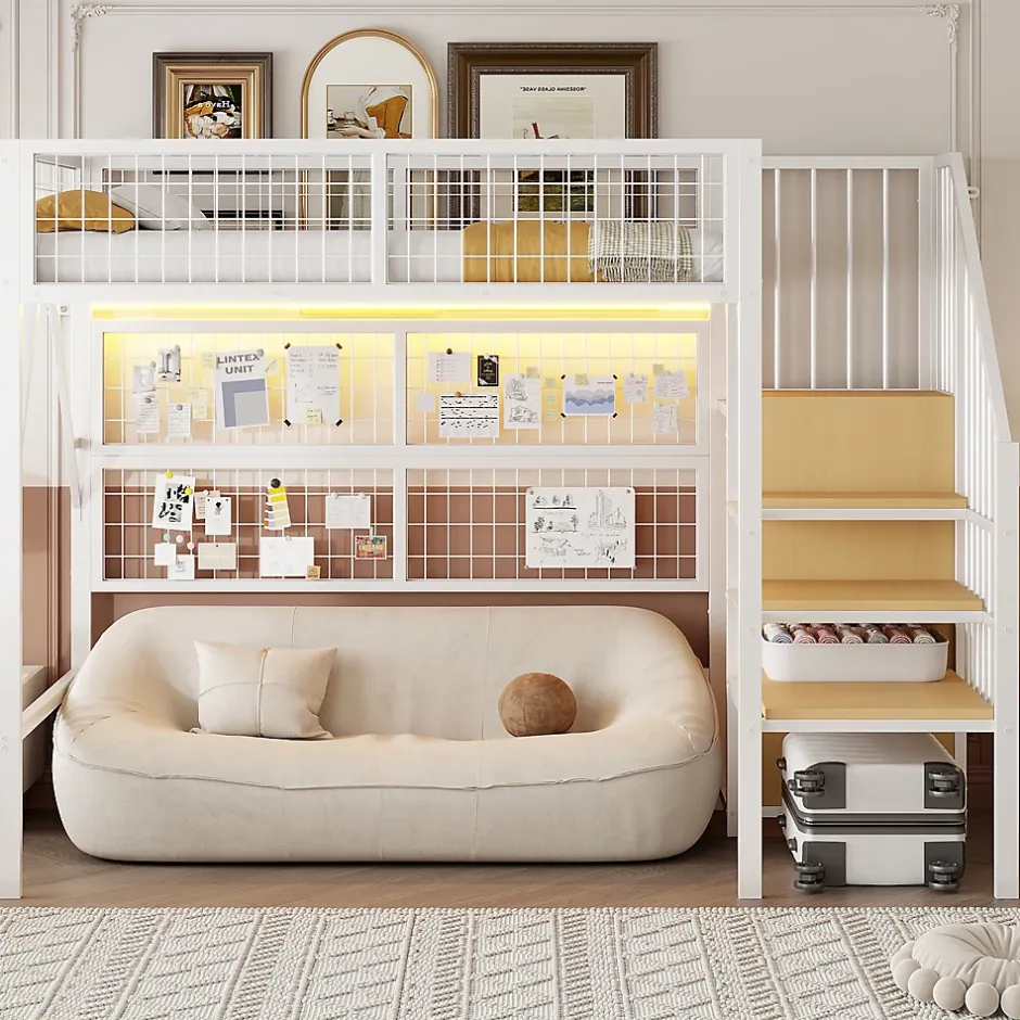 Okwish Lit mezzanine 90x200 cm - Lit simple déco avec éclairage LED et rangement sous lit - Armoire ouverte en MDF et métal - Blanc Clearance