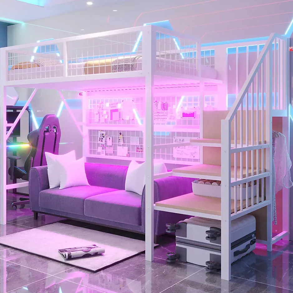 Okwish Lit mezzanine 90x200 cm - Lit simple déco avec éclairage LED et rangement sous lit - Armoire ouverte en MDF et métal - Blanc Clearance