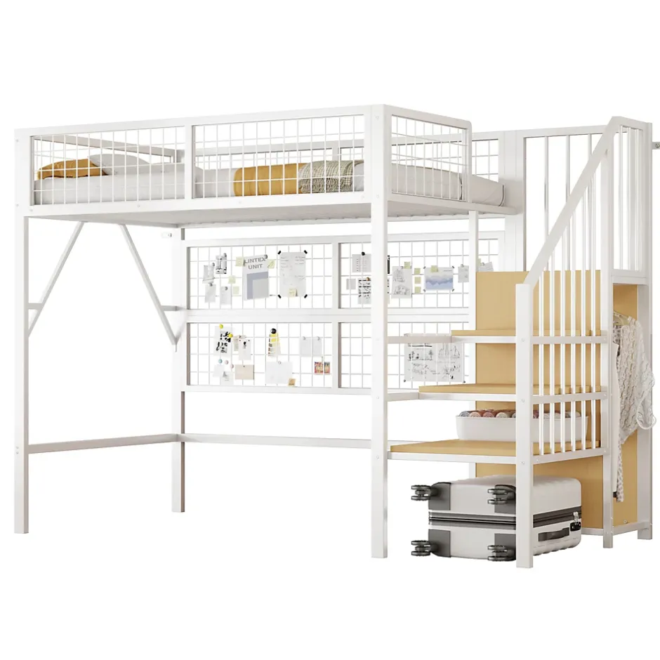 Okwish Lit mezzanine 90x200 cm - Lit simple déco avec éclairage LED et rangement sous lit - Armoire ouverte en MDF et métal - Blanc Clearance