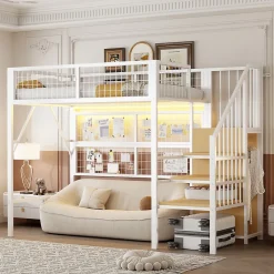Okwish Lit mezzanine 90x200 cm - Lit simple déco avec éclairage LED et rangement sous lit - Armoire ouverte en MDF et métal - Blanc Clearance