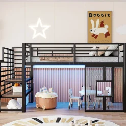 Okwish Lit Mezzanine 90x200 cm - Lit Simple avec Escalier de Rangement et LED Intégrée, sans Matelas - Métal Noir