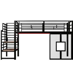 Okwish Lit Mezzanine 90x200 cm - Lit Simple avec Escalier de Rangement et LED Intégrée, sans Matelas - Métal Noir
