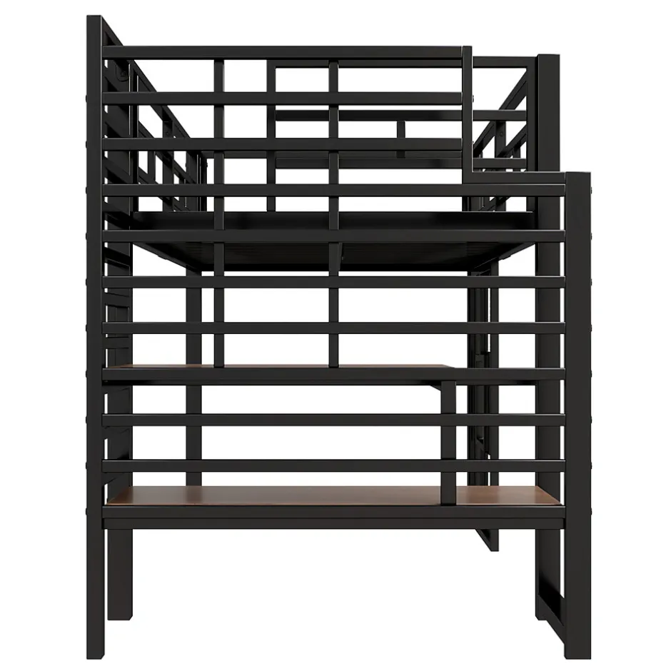 Okwish Lit Mezzanine 90x200 cm - Lit Simple avec Escalier de Rangement et LED Intégrée, sans Matelas - Métal Noir