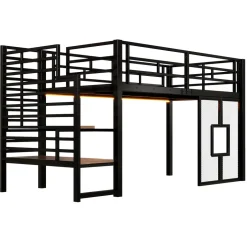 Okwish Lit Mezzanine 90x200 cm - Lit Simple avec Escalier de Rangement et LED Intégrée, sans Matelas - Métal Noir