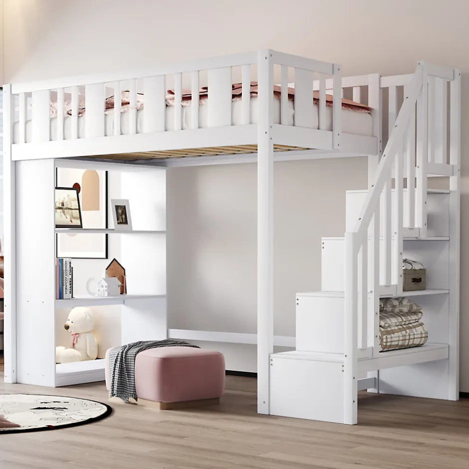 Okwish Lit mezzanine 90x200 cm - Lit simple avec rangements intégrés, échelle pratique et tiroirs fonctionnels - Pin et MDF - Blanc