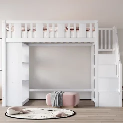Okwish Lit mezzanine 90x200 cm - Lit simple avec rangements intégrés, échelle pratique et tiroirs fonctionnels - Pin et MDF - Blanc