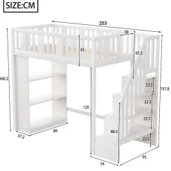 Okwish Lit mezzanine 90x200 cm - Lit simple avec rangements intégrés, échelle pratique et tiroirs fonctionnels - Pin et MDF - Blanc
