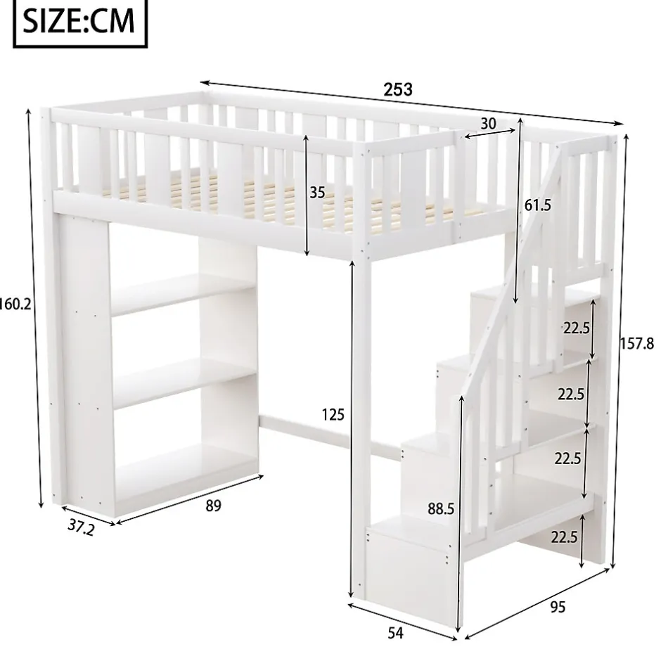 Okwish Lit mezzanine 90x200 cm - Lit simple avec rangements intégrés, échelle pratique et tiroirs fonctionnels - Pin et MDF - Blanc