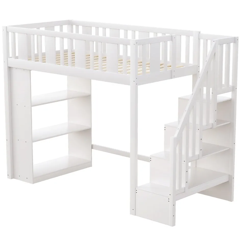 Okwish Lit mezzanine 90x200 cm - Lit simple avec rangements intégrés, échelle pratique et tiroirs fonctionnels - Pin et MDF - Blanc