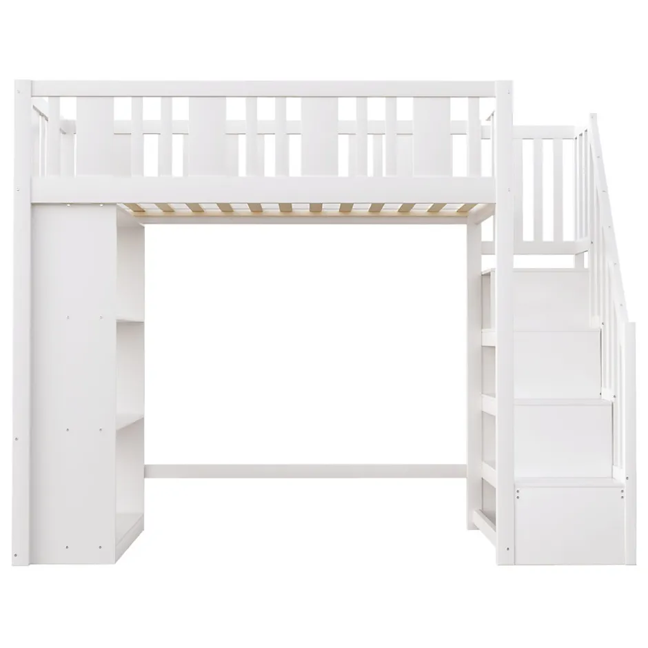 Okwish Lit mezzanine 90x200 cm - Lit simple avec rangements intégrés, échelle pratique et tiroirs fonctionnels - Pin et MDF - Blanc