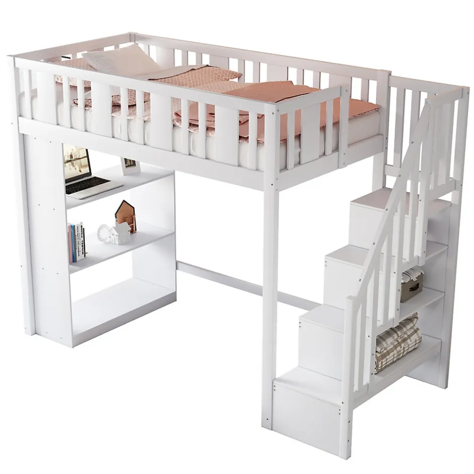 Okwish Lit mezzanine 90x200 cm - Lit simple avec rangements intégrés, échelle pratique et tiroirs fonctionnels - Pin et MDF - Blanc