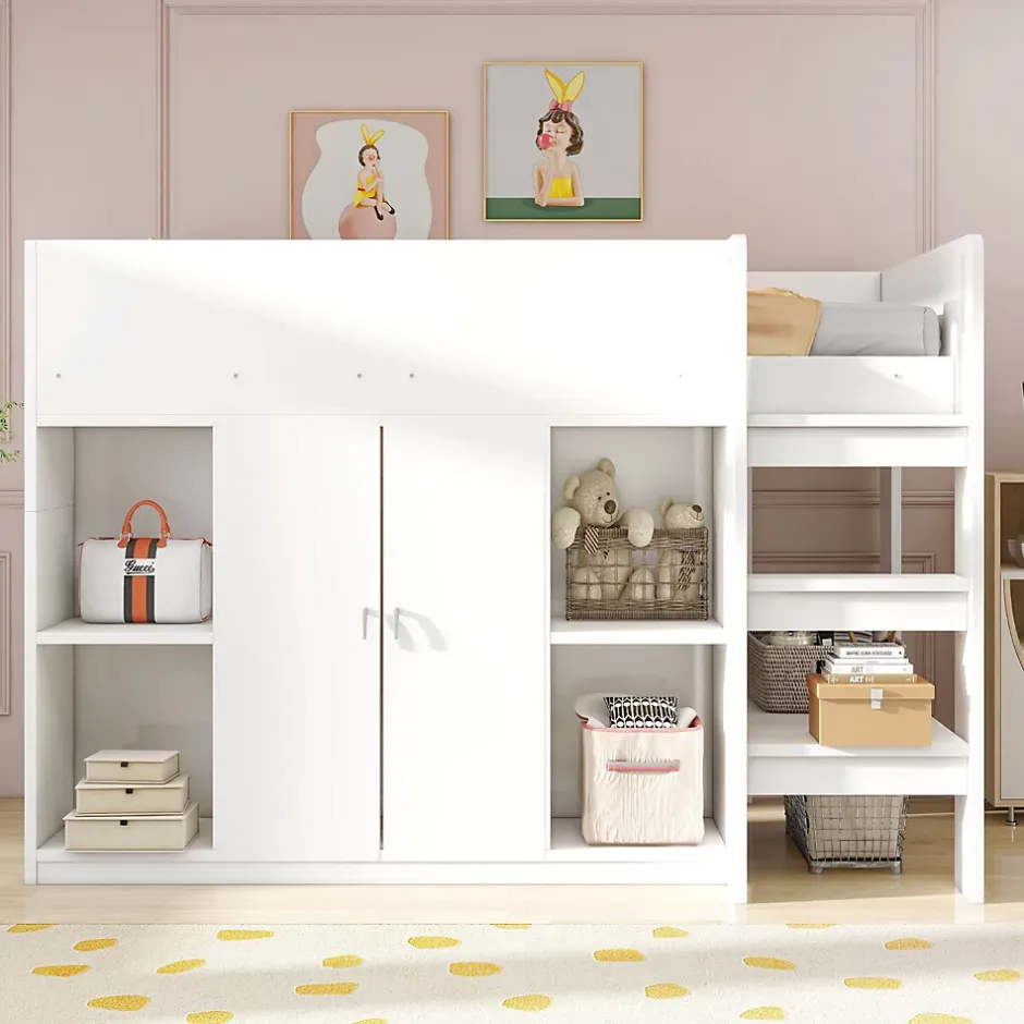 Okwish Lit mezzanine 90x200 cm - Lit simple avec échelle sécurisée, placard intégré et rangement pratique - Pin et MDF - Blanc Clearance