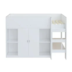 Okwish Lit mezzanine 90x200 cm - Lit simple avec échelle sécurisée, placard intégré et rangement pratique - Pin et MDF - Blanc Clearance