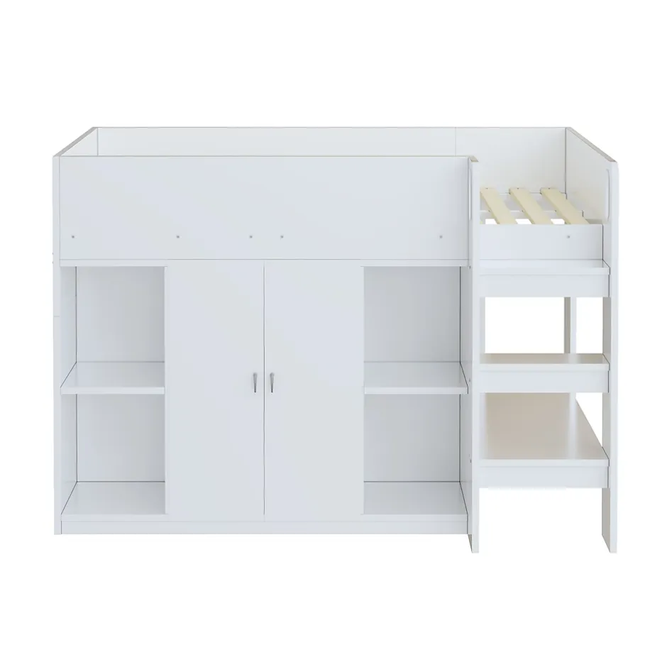Okwish Lit mezzanine 90x200 cm - Lit simple avec échelle sécurisée, placard intégré et rangement pratique - Pin et MDF - Blanc Clearance