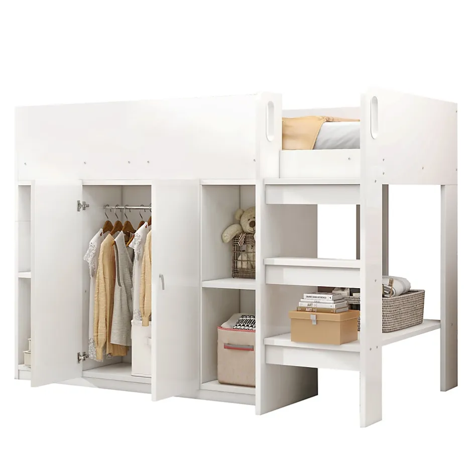 Okwish Lit mezzanine 90x200 cm - Lit simple avec échelle sécurisée, placard intégré et rangement pratique - Pin et MDF - Blanc Clearance
