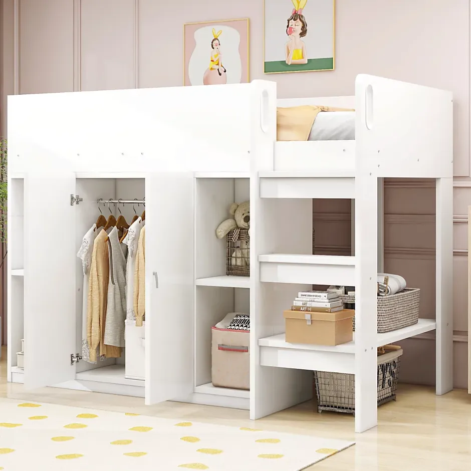 Okwish Lit mezzanine 90x200 cm - Lit simple avec échelle sécurisée, placard intégré et rangement pratique - Pin et MDF - Blanc Clearance