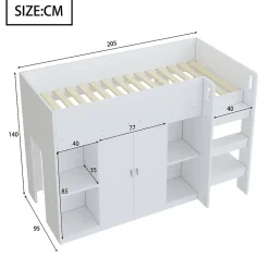 Okwish Lit mezzanine 90x200 cm - Lit simple avec échelle sécurisée, placard intégré et rangement pratique - Pin et MDF - Blanc Clearance