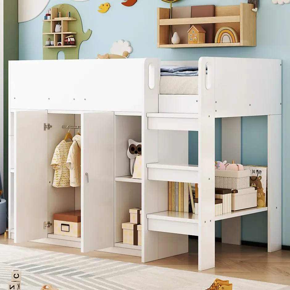 Okwish Lit mezzanine 90x200 cm - Lit simple avec échelle sécurisée, placard intégré et rangement pratique - Pin et MDF - Blanc Clearance