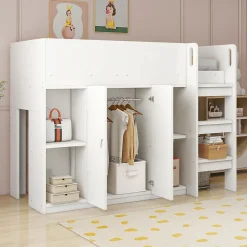 Okwish Lit mezzanine 90x200 cm - Lit simple avec échelle sécurisée, placard intégré et rangement pratique - Pin et MDF - Blanc Clearance