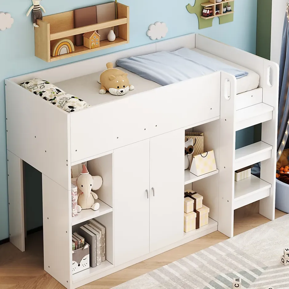 Okwish Lit mezzanine 90x200 cm - Lit simple avec échelle sécurisée, placard intégré et rangement pratique - Pin et MDF - Blanc Clearance