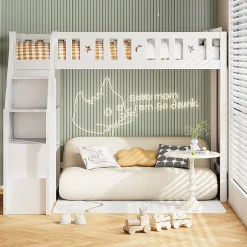 Okwish Lit Mezzanine 90x200 cm - Lit Simple avec Échelle de Rangement et Étagères - Cadre en Bois et Métal - Sans Matelas - Blanc