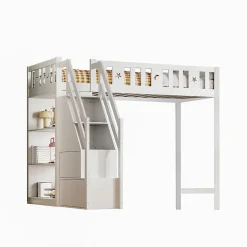 Okwish Lit Mezzanine 90x200 cm - Lit Simple avec Échelle de Rangement et Étagères - Cadre en Bois et Métal - Sans Matelas - Blanc