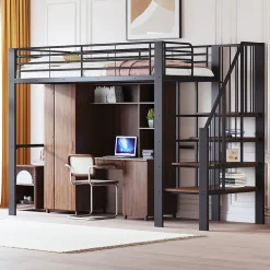 Okwish Lit mezzanine 90x200 cm - Lit simple avec rangement et escalier intégré, structure métallique solide - Noir - Sans matelas