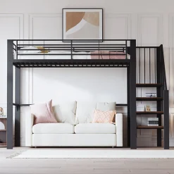 Okwish Lit mezzanine 90x200 cm - Lit simple avec rangement et escalier intégré, structure métallique solide - Noir - Sans matelas