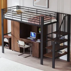 Okwish Lit mezzanine 90x200 cm - Lit simple avec rangement et escalier intégré, structure métallique solide - Noir - Sans matelas