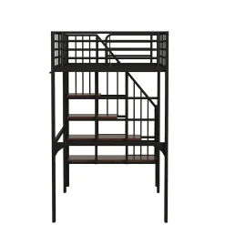 Okwish Lit mezzanine 90x200 cm - Lit simple avec rangement et escalier intégré, structure métallique solide - Noir - Sans matelas