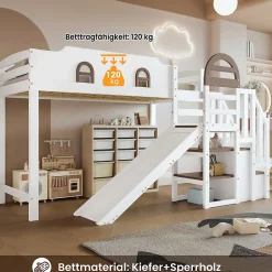 Okwish Lit Mezzanine 90x200 cm - Lit Simple enfant avec Toboggan, Escalier Armoire et Étagère de Rangement - Pin et MDF - Blanc et Marron Sale