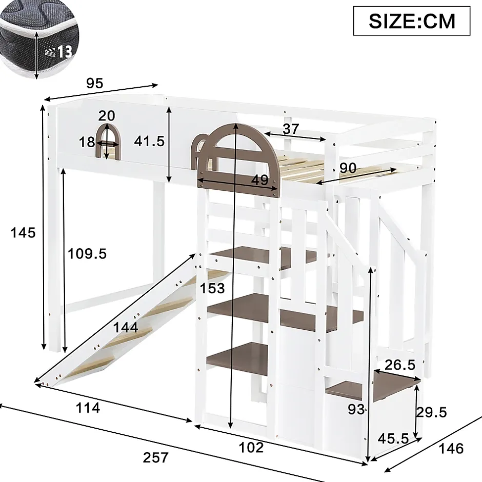 Okwish Lit Mezzanine 90x200 cm - Lit Simple enfant avec Toboggan, Escalier Armoire et Étagère de Rangement - Pin et MDF - Blanc et Marron Sale