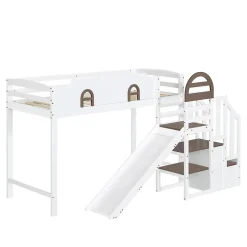 Okwish Lit Mezzanine 90x200 cm - Lit Simple enfant avec Toboggan, Escalier Armoire et Étagère de Rangement - Pin et MDF - Blanc et Marron Sale