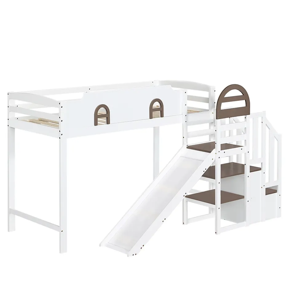 Okwish Lit Mezzanine 90x200 cm - Lit Simple enfant avec Toboggan, Escalier Armoire et Étagère de Rangement - Pin et MDF - Blanc et Marron Sale