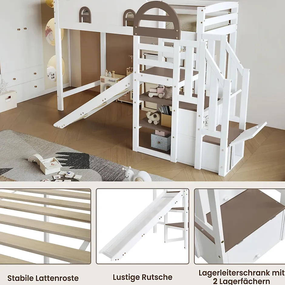 Okwish Lit Mezzanine 90x200 cm - Lit Simple enfant avec Toboggan, Escalier Armoire et Étagère de Rangement - Pin et MDF - Blanc et Marron Sale