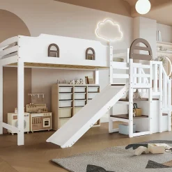 Okwish Lit Mezzanine 90x200 cm - Lit Simple enfant avec Toboggan, Escalier Armoire et Étagère de Rangement - Pin et MDF - Blanc et Marron Sale