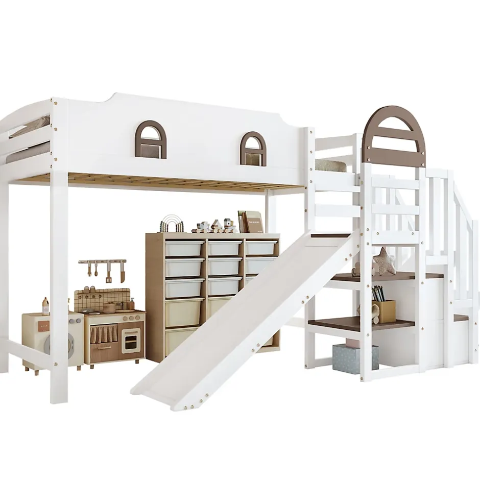 Okwish Lit Mezzanine 90x200 cm - Lit Simple enfant avec Toboggan, Escalier Armoire et Étagère de Rangement - Pin et MDF - Blanc et Marron Sale