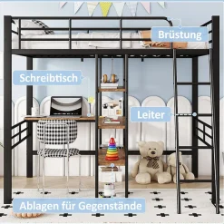 Okwish Lit Mezzanine 90x200 cm - Lit Simple avec Bureau en L, Garde-Corps et Échelle, Sans Matelas - Métal Noir New