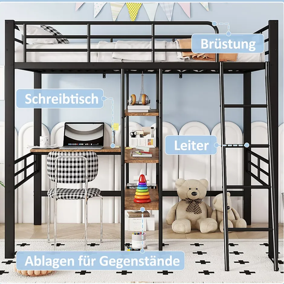Okwish Lit Mezzanine 90x200 cm - Lit Simple avec Bureau en L, Garde-Corps et Échelle, Sans Matelas - Métal Noir New