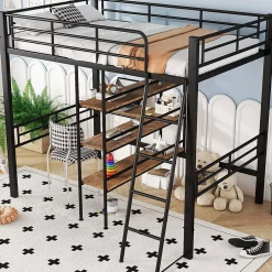 Okwish Lit Mezzanine 90x200 cm - Lit Simple avec Bureau en L, Garde-Corps et Échelle, Sans Matelas - Métal Noir New