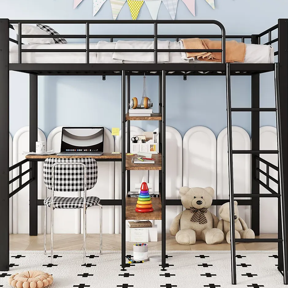 Okwish Lit Mezzanine 90x200 cm - Lit Simple avec Bureau en L, Garde-Corps et Échelle, Sans Matelas - Métal Noir New