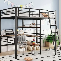Okwish Lit Mezzanine 90x200 cm - Lit Simple avec Bureau en L, Garde-Corps et Échelle, Sans Matelas - Métal Noir New