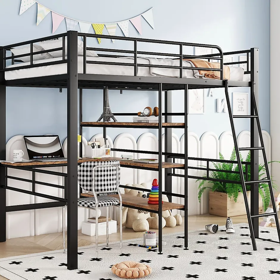 Okwish Lit Mezzanine 90x200 cm - Lit Simple avec Bureau en L, Garde-Corps et Échelle, Sans Matelas - Métal Noir New