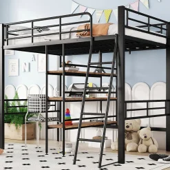 Okwish Lit Mezzanine 90x200 cm - Lit Simple avec Bureau en L, Garde-Corps et Échelle, Sans Matelas - Métal Noir New