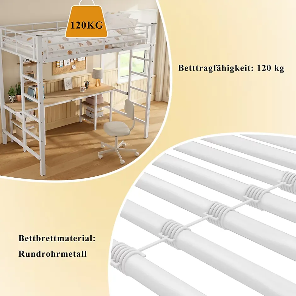 Okwish Lit Mezzanine 90x200 cm - Lit Simple avec Bureau et Étagères de Rangement, Structure Métal Solide, Auto-Installation - Blanc Sale