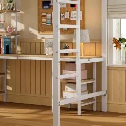 Okwish Lit Mezzanine 90x200 cm - Lit Simple avec Bureau et Étagères de Rangement, Structure Métal Solide, Auto-Installation - Blanc Sale