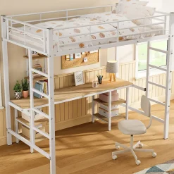 Okwish Lit Mezzanine 90x200 cm - Lit Simple avec Bureau et Étagères de Rangement, Structure Métal Solide, Auto-Installation - Blanc Sale